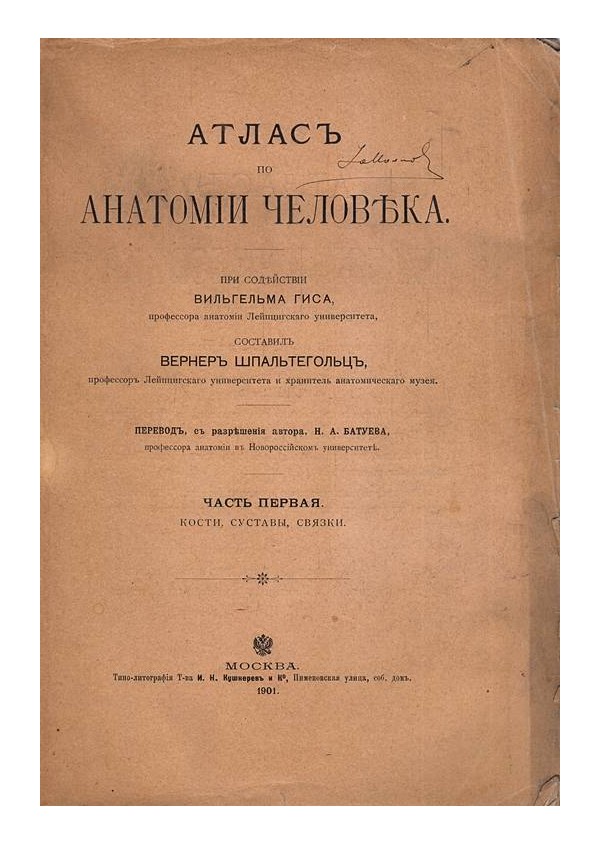 Атлас по анатомии человека, составил Вернер Шпальтегольц в трех частях 1901 г